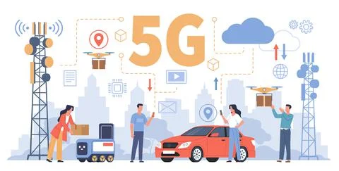 5g technology people. Modern wireless world, transmitter towers in cityscape Stock Illustration