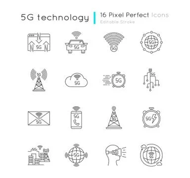5G technology pixel perfect linear icons set. Fast Internet. Messaging, data  Illustrazione stock