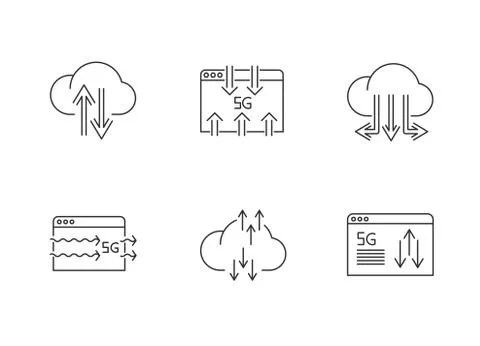 5G technology pixel perfect linear icons set. Data transmission, exchange. Cl Illustrazione stock