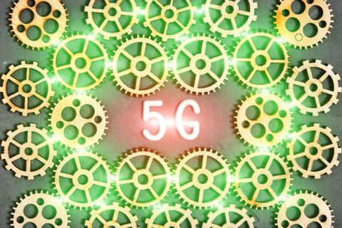 5G technology, progress and development.Logo of 5G networks with gears. Foto stock