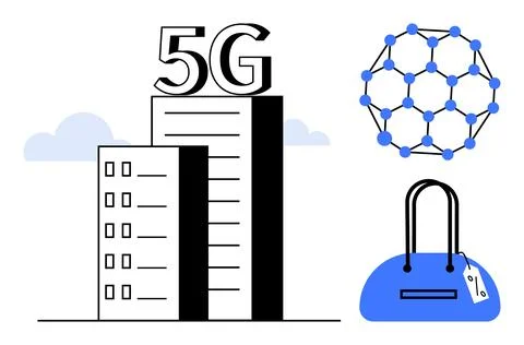 5G technology represented by building, network structure, and handbag symbo.. Ilustración de archivo