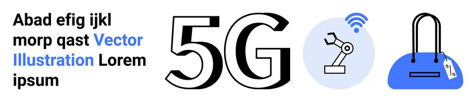 5G Technology with Robotic Arm and Wireless Communication Lock on Blue Back.. Illustrazione stock