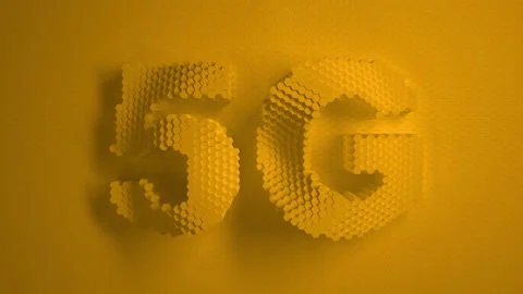 5G technology. yellow mosaic surface with moving hexagons. Logo, text. Internet, Video stock 157302171