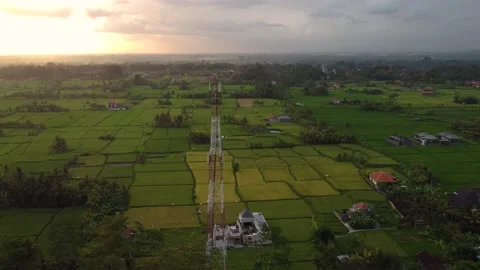 5g telecom tower antenna at sunset in country side plowed green field land Stock Footage 143368037