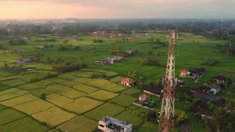 5g telecom tower antenna at sunset in country side plowed green field Stock Footage 143621730