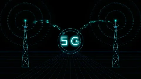 5G telecom tower network animation, cyan particle data flow 库存影片 344232533