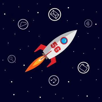 5g telecommunication with rocket and apps icon illustration vector Stock Illustration