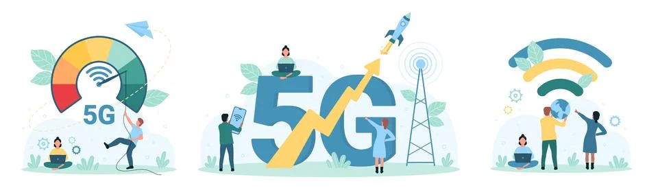 5G telecommunication technology set, tiny people using signal speed test from Stock Illustration