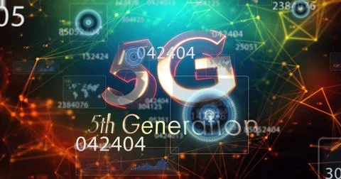 5g text against multiple changing numbers and network of connections on black 스톡 일러스트