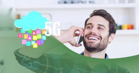 5g text and cloud icon over man talking on smartphone against green technology Stock Photos