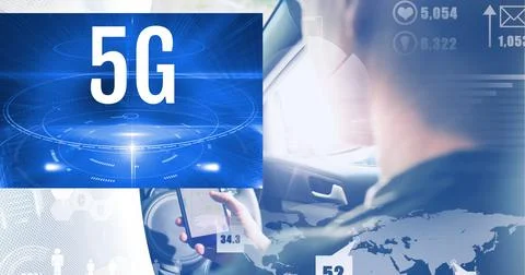 5g text and digital interface with data processing over woman using smartphone Illustrazione stock