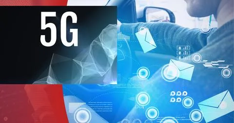 5g text and digital interface over man driving a car against red technology Stock Photos