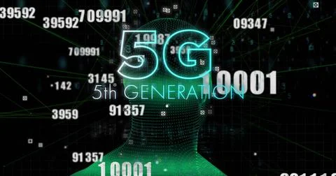 5g text and multiple changing numbers over spinning human face model against Stock Illustration