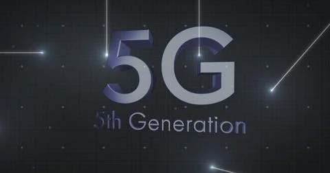 5g text and multiple light trails against grid network on black background Stock Illustration