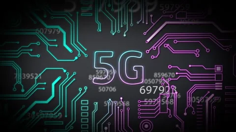 5G text and multiple numbers changing against microprocessor connections Stockbeeldmateriaal 141442122