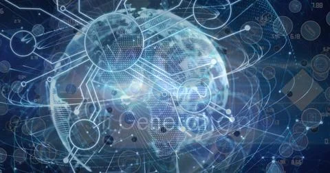 5g text and network of digital icons over a globe against blue background Stock Illustration