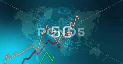 5G text and rising graph image over world map: Graphic #293870317