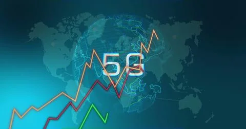 5G text and rising graph image over world map Ilustração Stock