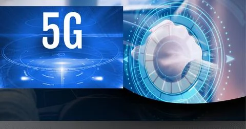 5g text and round scanner over man driving a car against black technology Stock-Illustration
