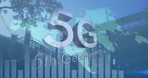 5g text and statistical data processing against construction site Illustrazione stock