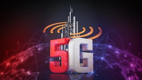 5G text and telecommunications tower with wave symbols. 3D illustration Stock Illustration