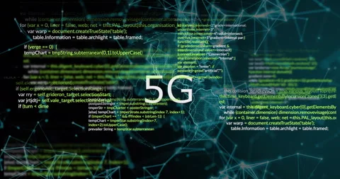 5G text animation over digital network and programming code background Stock Footage 305527141