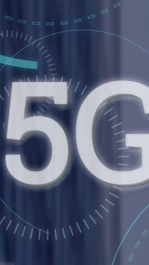 5G text animation over futuristic circular interface elements in digital display Stock Footage 342812964