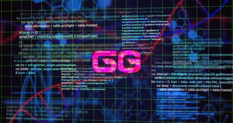 5G text animation overlaying programming code and data visualization on screen Stock Footage 303739839
