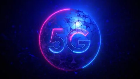 5G Text Cellular Network Neon Light Style With Spherical Geometry Plexus  Stock Illustration