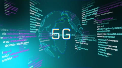 5G text with digital code and globe animation in futuristic technology theme Stock Footage 304643958