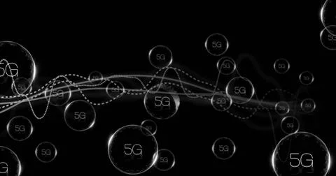 5G text image over abstract waves and circles on black background Illustrazione stock