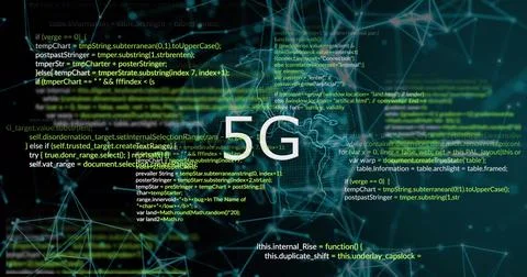 5G text image over digital network and programming code background Stockillustratie
