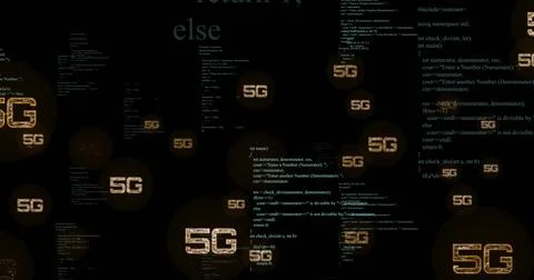 5G text image over programming code on black background 库存照片
