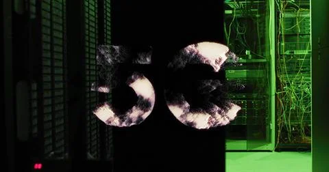 5g text image over server racks in data center Stock Photos