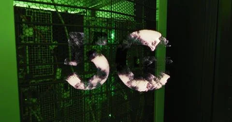 5g text image over server racks in data center Stock Photos