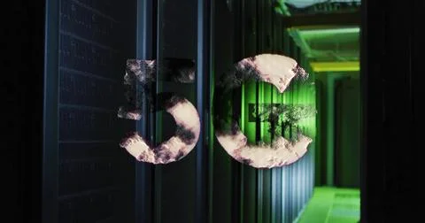 5g text image over server racks in data center Stock Photos