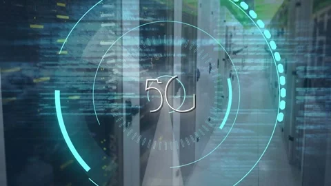 5g text on neon round scanner and data processing over empty server room against Stock Footage 328647906