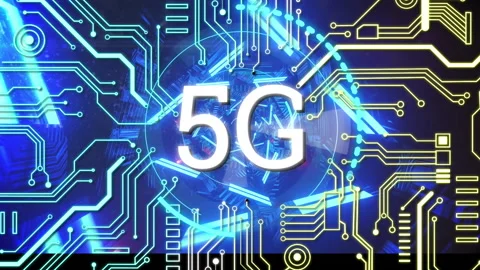 5G text over microprocessor connections against glowing tunnel Video stock 141054897