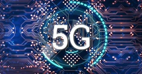 5g text over scope scanning against microprocessor connections on blue Vídeo Stock 196887275