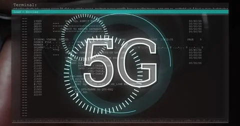 5g text over screen with data processing against close up of male hacker Stock Illustration