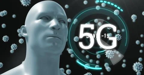 5G text over world map against Covid-19 cells and human head model Ilustração Stock