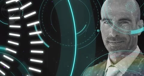 5g text, plexus networks and multiple round scanners over portrait of caucasian Vidéo 329769730