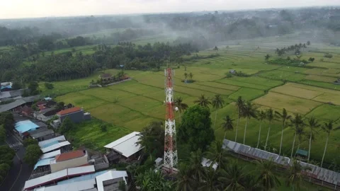 5g tower aerial view sunset over a green field nature agriculture landscape Stock Footage 143635746