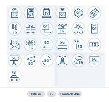 5G Vector Icon Collection featuring 25 Grid Fitted 64x64 Regular Line Designs Stock Illustration