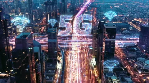 5G Wifi Network Panoramic Skyline Of Metropolitan City Aerial Drone Flight After Stock Footage 141421776