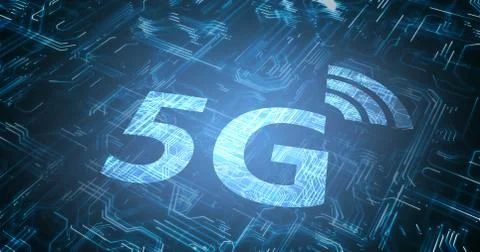 5G wireless internet network symbol. Circuit in background. 3D rendered illus Stock Illustration