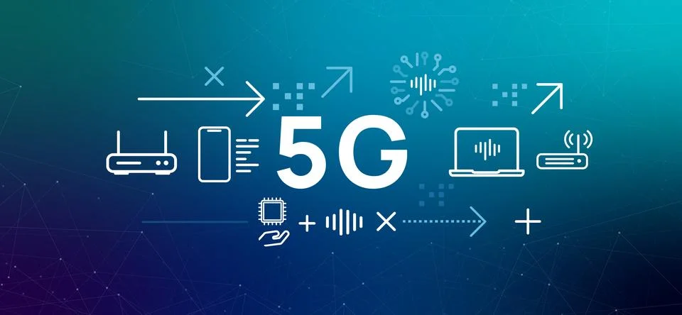 5G wireless network technology concept banner icons connected devices Stock Illustration