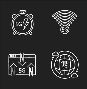 5G wireless technology chalk white icons set on black background. Fast speed Stock Illustration