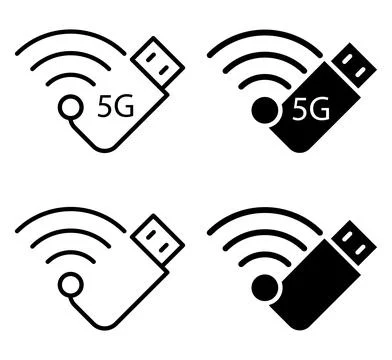 5G Wireless Technology Icons Featuring USB Modem Signal Waves Stock Illustration