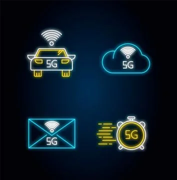 5G wireless technology neon light icons set. Smart vehicle. Fast speed. Cloud Stock Illustration